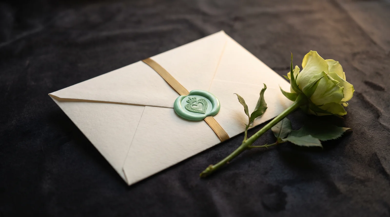 A sealed invitation — an ivory envelope closed with a mint wax seal and gold ribbon