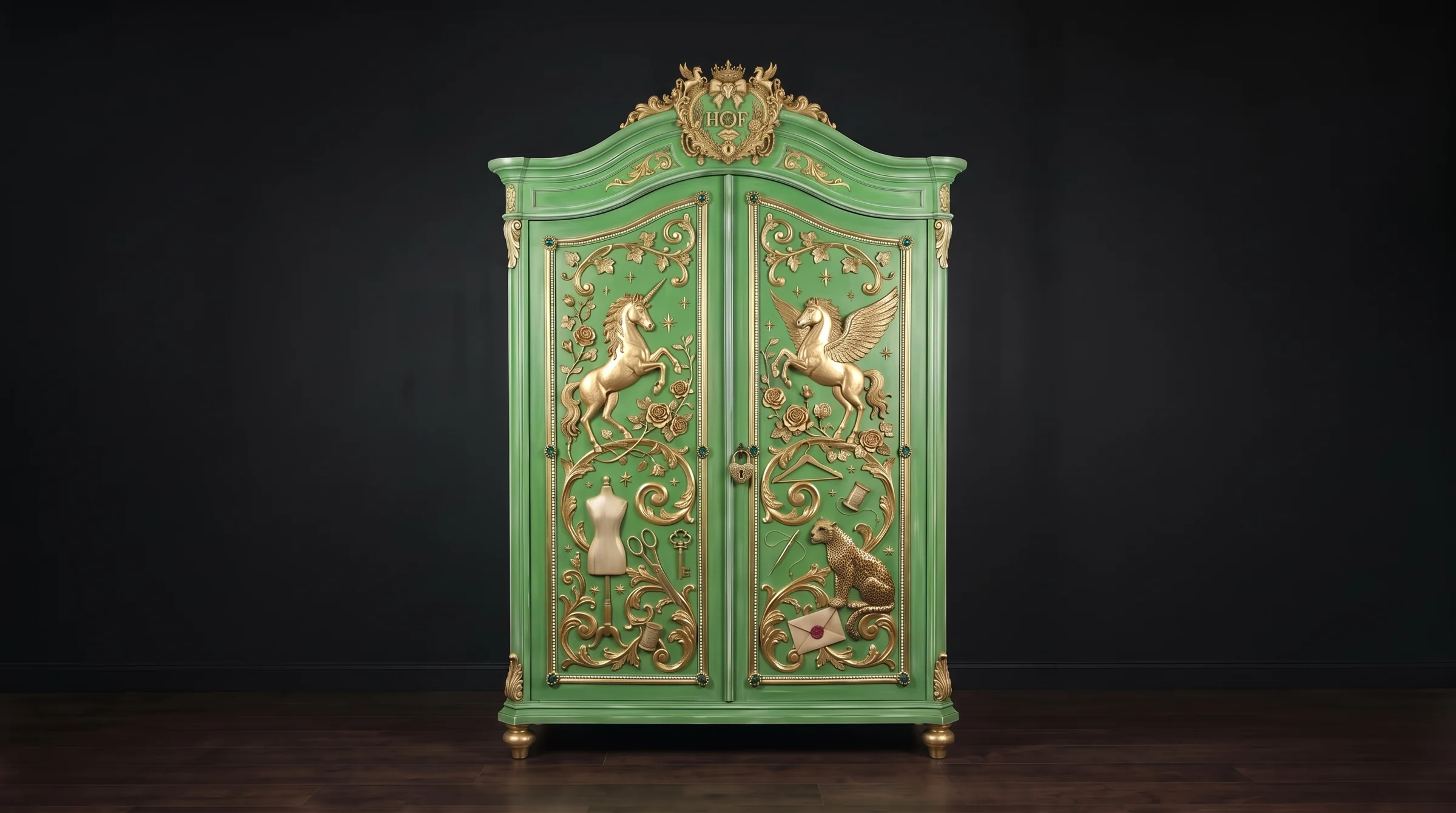 The House of Fabulous wardrobe — a green Baroque armoire, its crest carved into the cresting